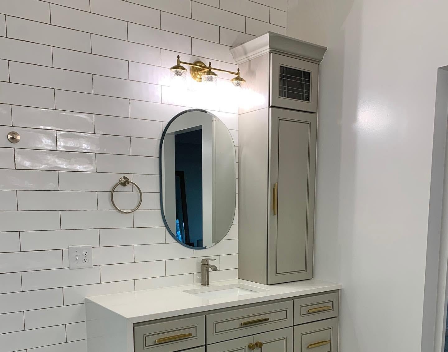 The vanity and linen tower during installation, before styling