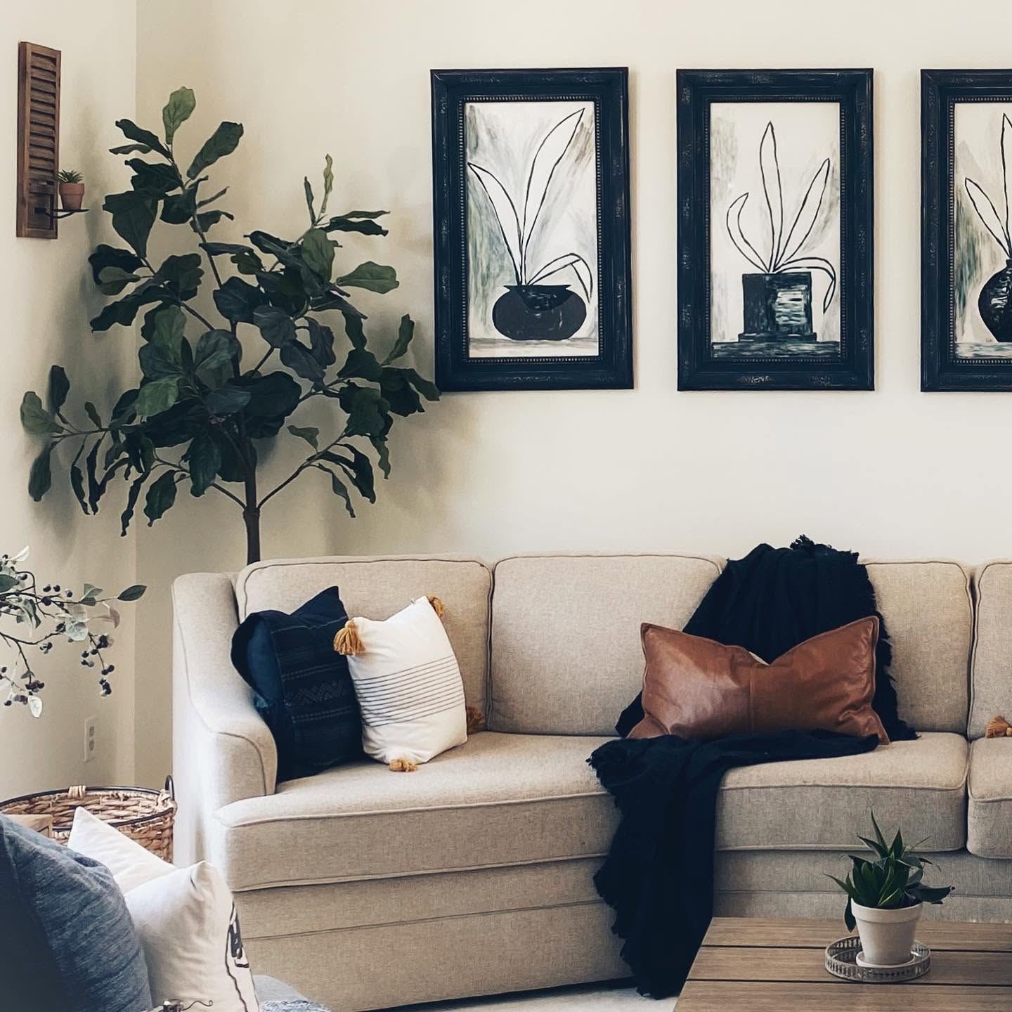 Neutral sofa with leather and navy pillows under three framed plant drawings